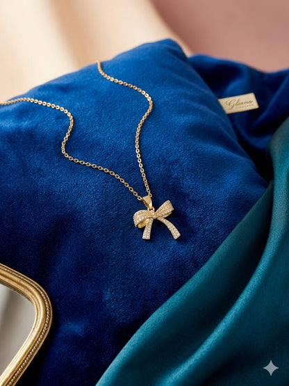 Luxury Gold Bow Pendant Necklace for Women | Gold Plated Ribbon Bow Necklace | Adjustable Minimalist Chain Necklace | Elegant Fashion Jewelry Gift for Girls