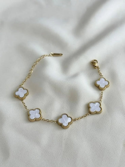 Luxury White Clover Bracelet for Women | Gold Plated 5 Motif Lucky Clover Charm Bracelet | Elegant Adjustable Bracelet | Fashion Jewelry Gift for Girls