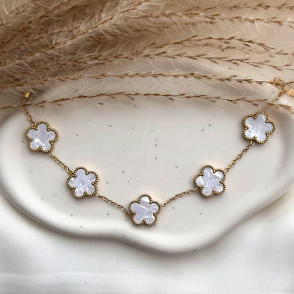 Luxury White Clover Bracelet for Women | Gold Plated 5 Motif Lucky Clover Charm Bracelet | Elegant Adjustable Bracelet | Fashion Jewelry Gift for Girls