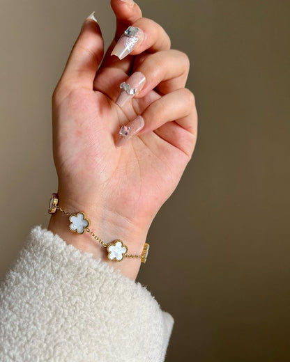 Luxury White Clover Bracelet for Women | Gold Plated 5 Motif Lucky Clover Charm Bracelet | Elegant Adjustable Bracelet | Fashion Jewelry Gift for Girls
