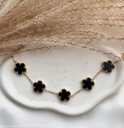 Luxury Black Clover Bracelet for Women | Gold Plated 5 Motif Lucky Clover Charm Bracelet | Elegant Adjustable Fashion Bracelet | Premium Jewelry Gift for Girls