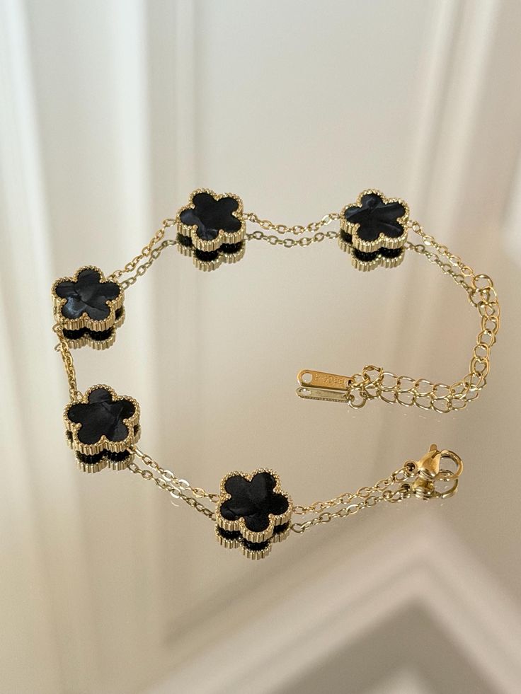 Luxury Black Clover Bracelet for Women | Gold Plated 5 Motif Lucky Clover Charm Bracelet | Elegant Adjustable Fashion Bracelet | Premium Jewelry Gift for Girls