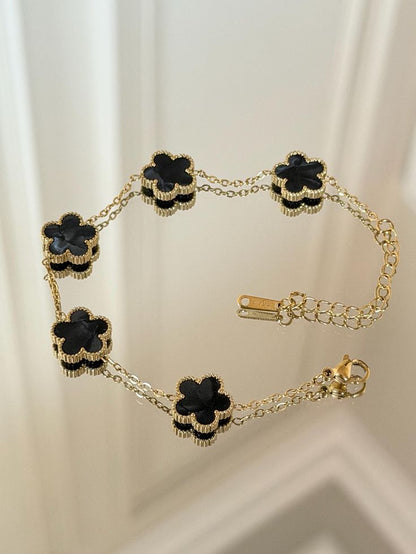 Luxury Black Clover Bracelet for Women | Gold Plated 5 Motif Lucky Clover Charm Bracelet | Elegant Adjustable Fashion Bracelet | Premium Jewelry Gift for Girls