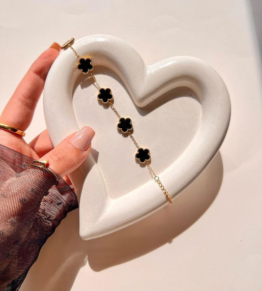 Luxury Black Clover Bracelet for Women | Gold Plated 5 Motif Lucky Clover Charm Bracelet | Elegant Adjustable Fashion Bracelet | Premium Jewelry Gift for Girls