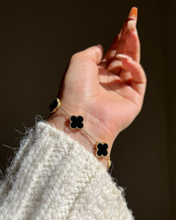 Luxury Black Clover Bracelet for Women | Gold Plated 5 Motif Lucky Clover Charm Bracelet | Elegant Adjustable Fashion Bracelet | Premium Jewelry Gift for Girls