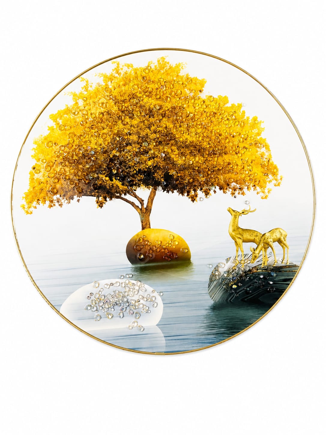 Golden Tree & Deer Design | Round Decorative Wall Art | Nature-Inspired Home Décor | Ideal for Living Room, Bedroom, Dining Room & Office