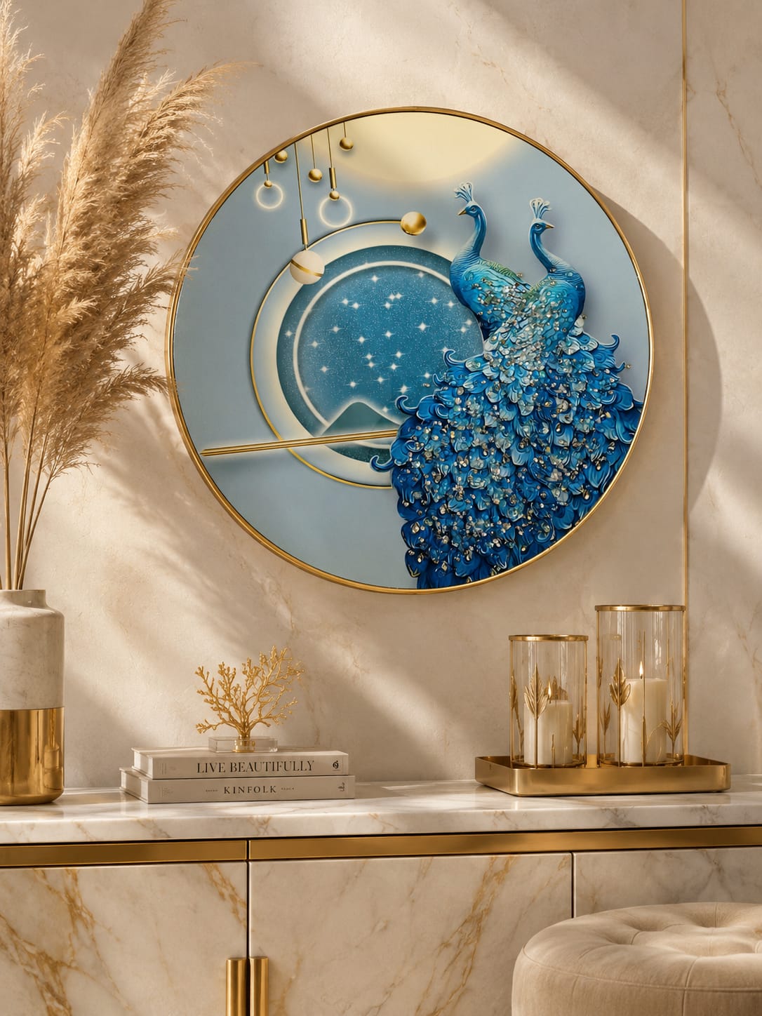 Royal Blue Peacock Wall Art Round Wall Painting with Golden PVC Frame, Luxury Blue Gold Wall Art for Living Room Bedroom Home Decor