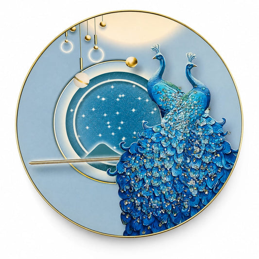 Royal Blue Peacock Wall Art Round Wall Painting with Golden PVC Frame, Luxury Blue Gold Wall Art for Living Room Bedroom Home Decor