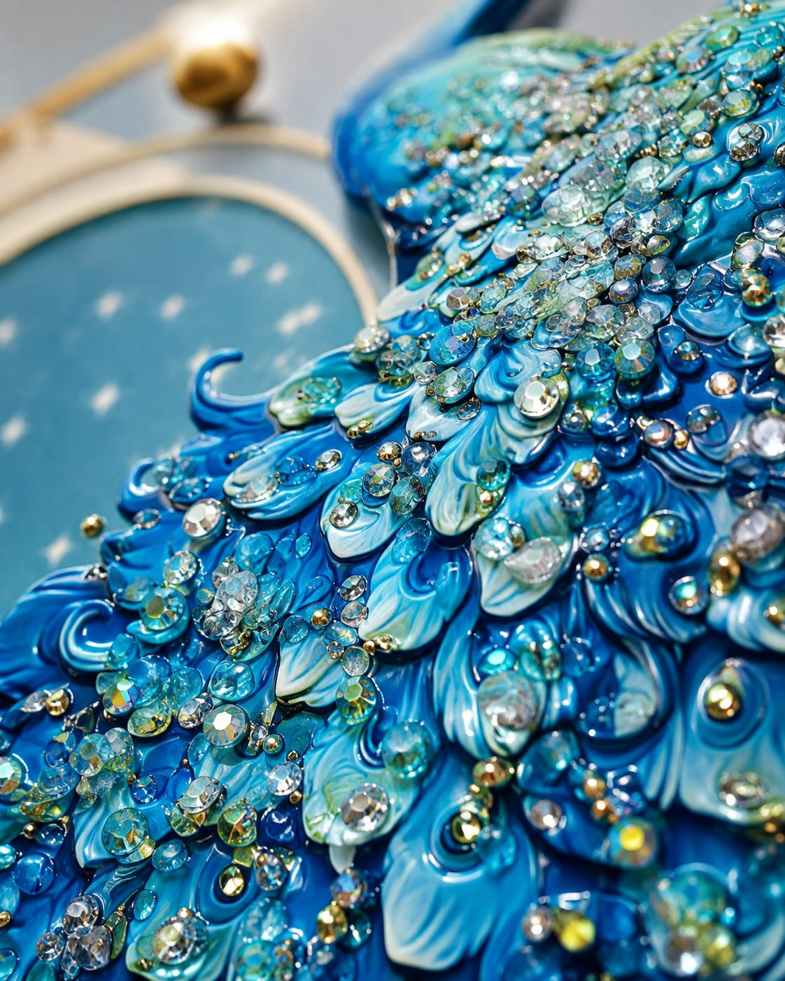 Royal Blue Peacock Wall Art Round Wall Painting with Golden PVC Frame, Luxury Blue Gold Wall Art for Living Room Bedroom Home Decor