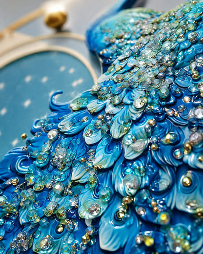 Royal Blue Peacock Wall Art Round Wall Painting with Golden PVC Frame, Luxury Blue Gold Wall Art for Living Room Bedroom Home Decor