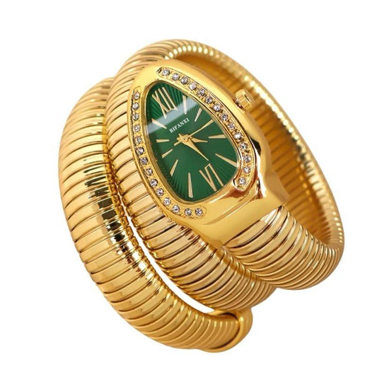 Women's Snake Wrap Bracelet Watch, Gold, Oval Dial with Diamond Bezel, Copper Strip Band, Spiral Crown