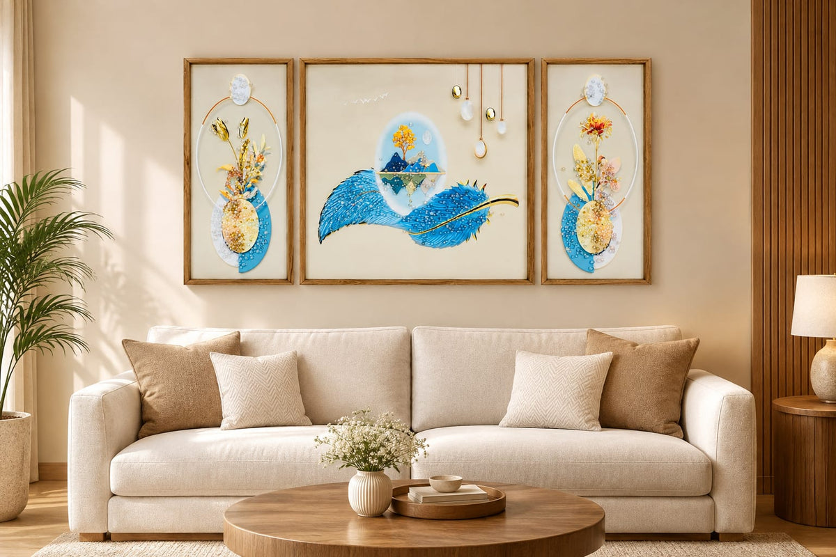 Blue Floral Abstract Wall Art for Home Set of 3