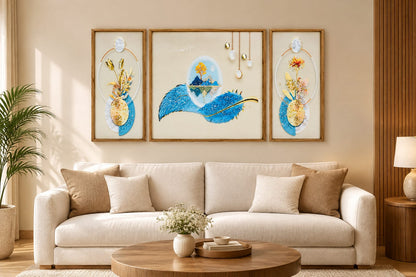 Blue Floral Abstract Wall Art for Home Set of 3