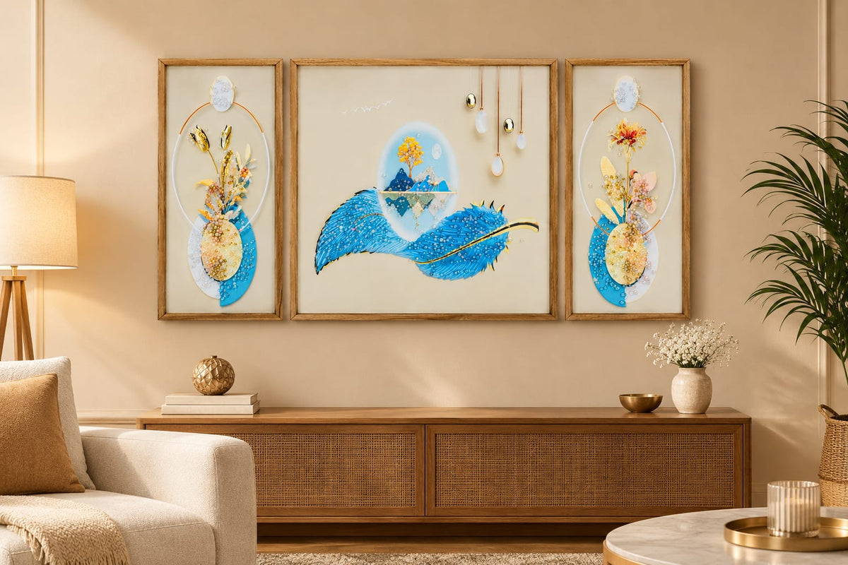 Blue Floral Abstract Wall Art for Home Set of 3