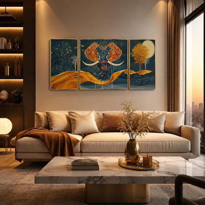 Elephant Wall Art Set of 3, Blue Gold Decorative Wall Painting (Elephant Wall Art Set of 3)