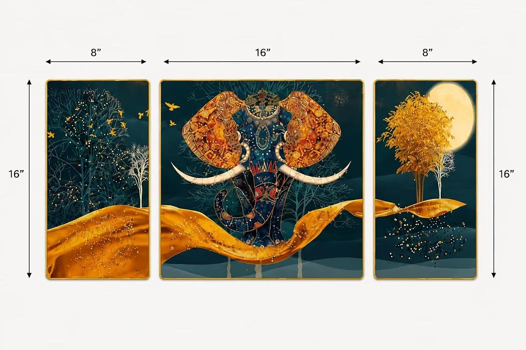 Elephant Wall Art Set of 3, Blue Gold Decorative Wall Painting (Elephant Wall Art Set of 3)