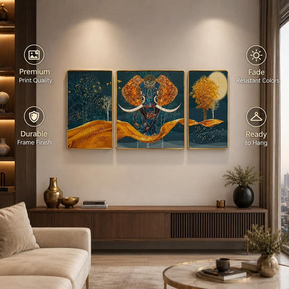 Elephant Wall Art Set of 3, Blue Gold Decorative Wall Painting (Elephant Wall Art Set of 3)