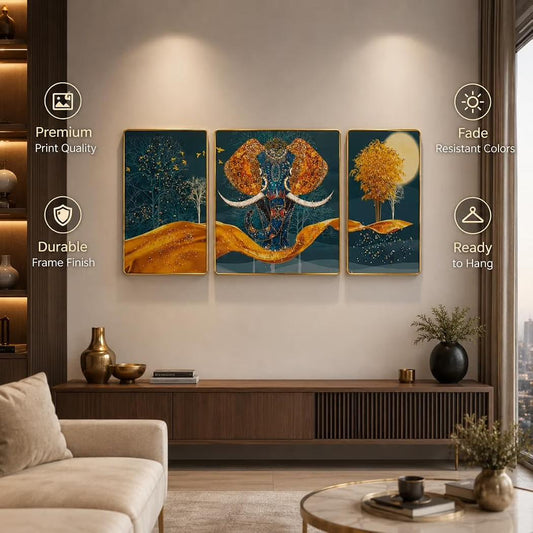 Elephant Wall Art Set of 3, Blue Gold Decorative Wall Painting (Elephant Wall Art Set of 3)