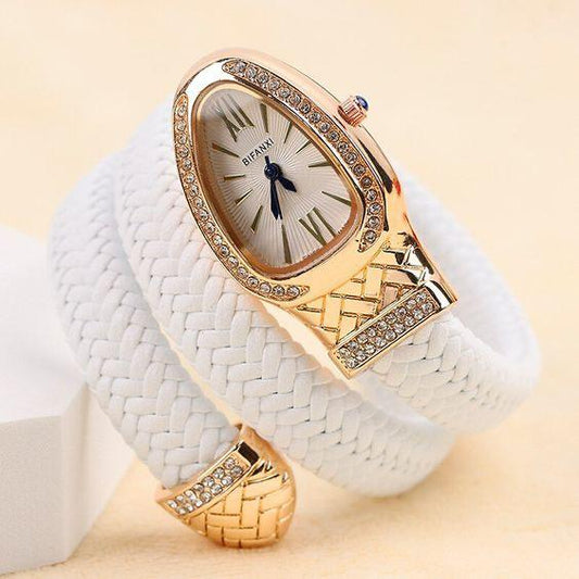 Luxury Women's Gold Crystal Watch with White Braided Wrap Strap | Elegant Fashion Wrist Watch for Women