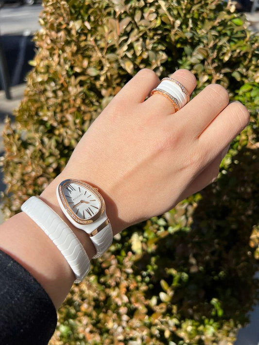 Luxury Women's Gold Crystal Watch with White Braided Wrap Strap | Elegant Fashion Wrist Watch for Women