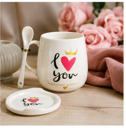 I Love You Ceramic Coffee Mug Gift Set with Lid & Spoon | Premium Tea Cup | Romantic Gift for Wife, Husband, Girlfriend, Boyfriend | Pink Gift Box