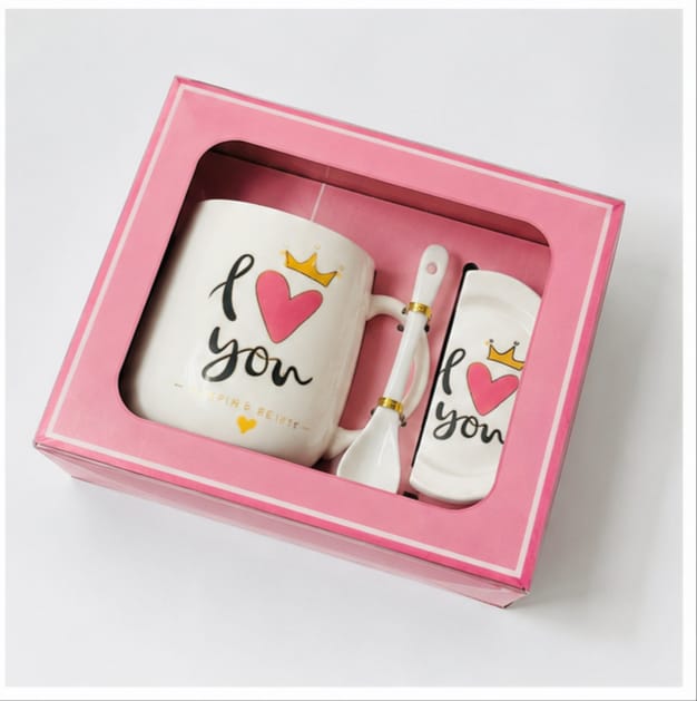 I Love You Ceramic Coffee Mug Gift Set with Lid & Spoon | Premium Tea Cup | Romantic Gift for Wife, Husband, Girlfriend, Boyfriend | Pink Gift Box