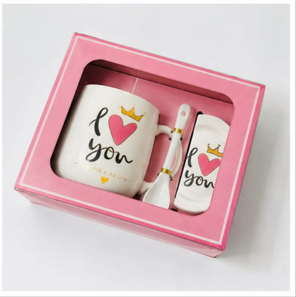 I Love You Ceramic Coffee Mug Gift Set with Lid & Spoon | Premium Tea Cup | Romantic Gift for Wife, Husband, Girlfriend, Boyfriend | Pink Gift Box