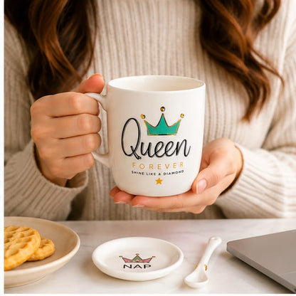 Queen Ceramic Coffee Mug Gift Set with Lid & Spoon | Premium Coffee Cup for Girls, Women, Wife, Sister, Friend | Birthday, Anniversary & Valentine's Gift