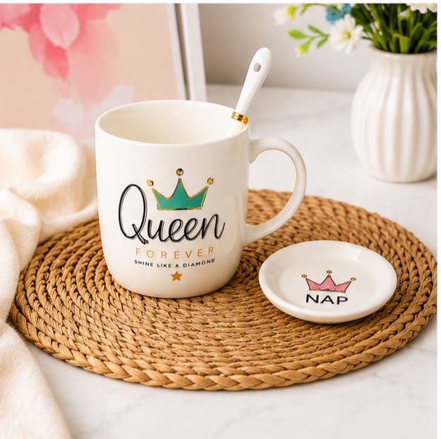 Queen Ceramic Coffee Mug Gift Set with Lid & Spoon | Premium Coffee Cup for Girls, Women, Wife, Sister, Friend | Birthday, Anniversary & Valentine's Gift