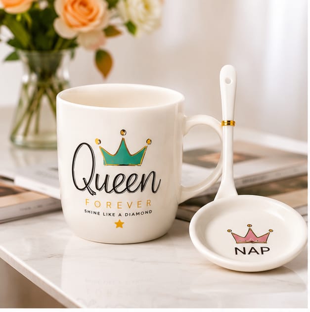Queen Ceramic Coffee Mug Gift Set with Lid & Spoon | Premium Coffee Cup for Girls, Women, Wife, Sister, Friend | Birthday, Anniversary & Valentine's Gift