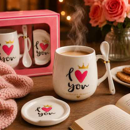 I Love You Ceramic Coffee Mug Gift Set with Lid & Spoon | Premium Tea Cup | Romantic Gift for Wife, Husband, Girlfriend, Boyfriend | Pink Gift Box
