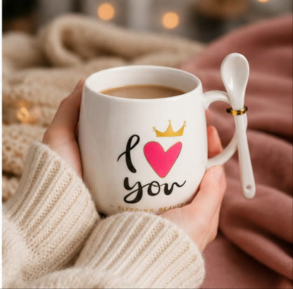 I Love You Ceramic Coffee Mug Gift Set with Lid & Spoon | Premium Tea Cup | Romantic Gift for Wife, Husband, Girlfriend, Boyfriend | Pink Gift Box