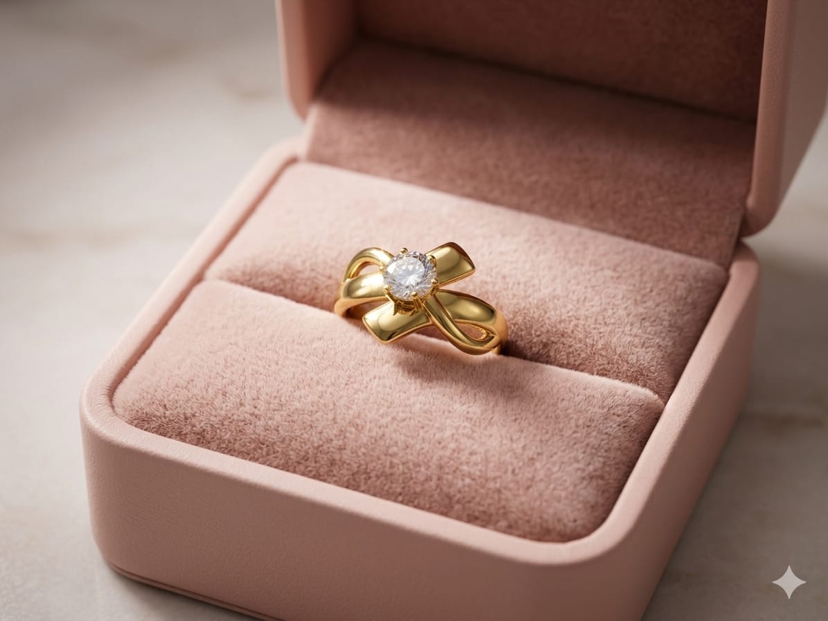 Elegant Gold Bow Ring for Women | Adjustable Crystal Statement Ring | Gold Plated Ribbon Design Ring | Fashion Jewelry Gift for Girls