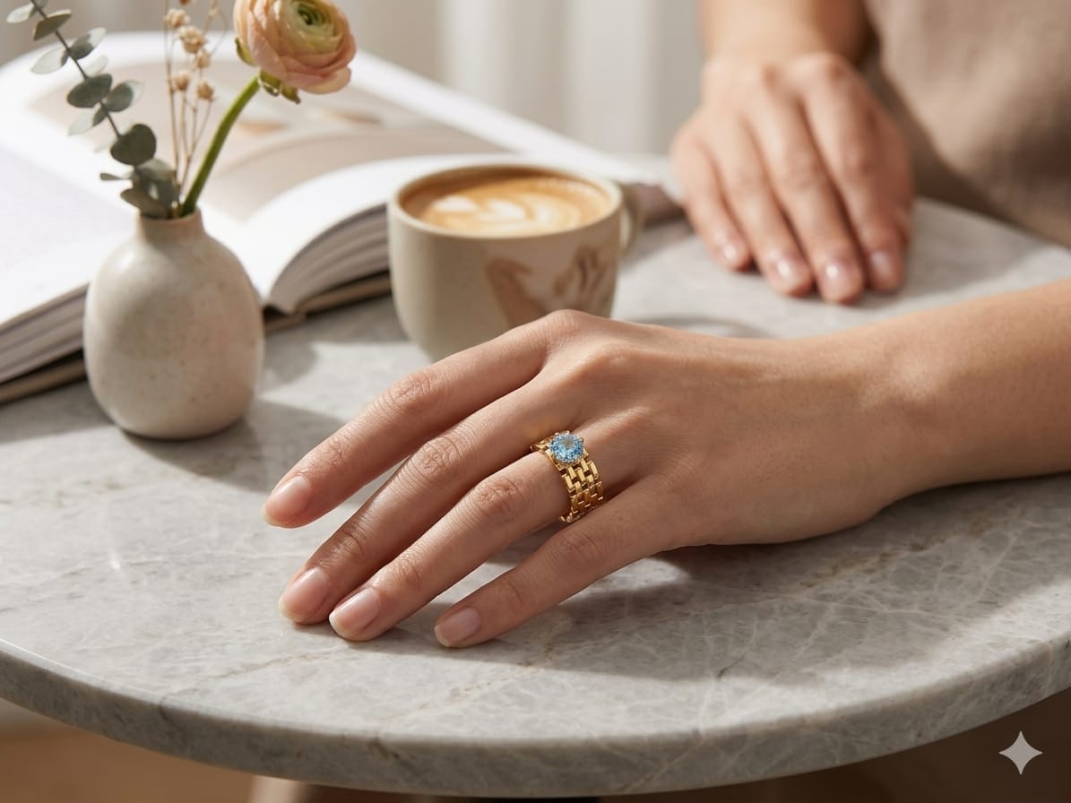 Luxury Gold Chain Ring for Women | Adjustable Statement Ring with Blue Cubic Zirconia Stone | Wide Band Gold Plated Ring | Trendy Fashion Jewelry for Girls