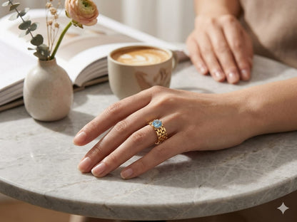 Luxury Gold Chain Ring for Women | Adjustable Statement Ring with Blue Cubic Zirconia Stone | Wide Band Gold Plated Ring | Trendy Fashion Jewelry for Girls