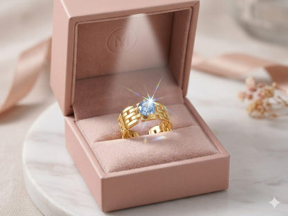 Luxury Gold Chain Ring for Women | Adjustable Statement Ring with Blue Cubic Zirconia Stone | Wide Band Gold Plated Ring | Trendy Fashion Jewelry for Girls