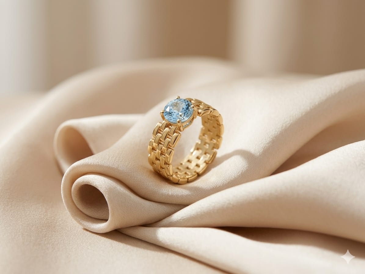 Luxury Gold Chain Ring for Women | Adjustable Statement Ring with Blue Cubic Zirconia Stone | Wide Band Gold Plated Ring | Trendy Fashion Jewelry for Girls