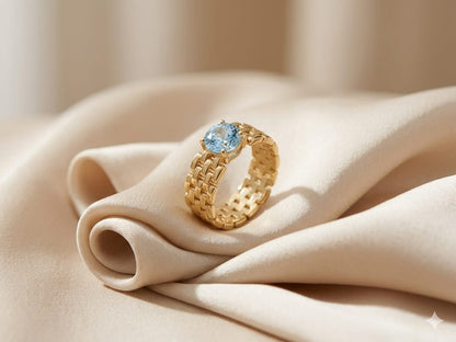 Luxury Gold Chain Ring for Women | Adjustable Statement Ring with Blue Cubic Zirconia Stone | Wide Band Gold Plated Ring | Trendy Fashion Jewelry for Girls