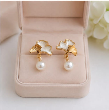 Luxury Gold Plated Ginkgo Leaf Pearl Drop Earrings for Women | Elegant Floral Stud Earrings | Korean Style Fashion Jewelry | Party & Gift Wear