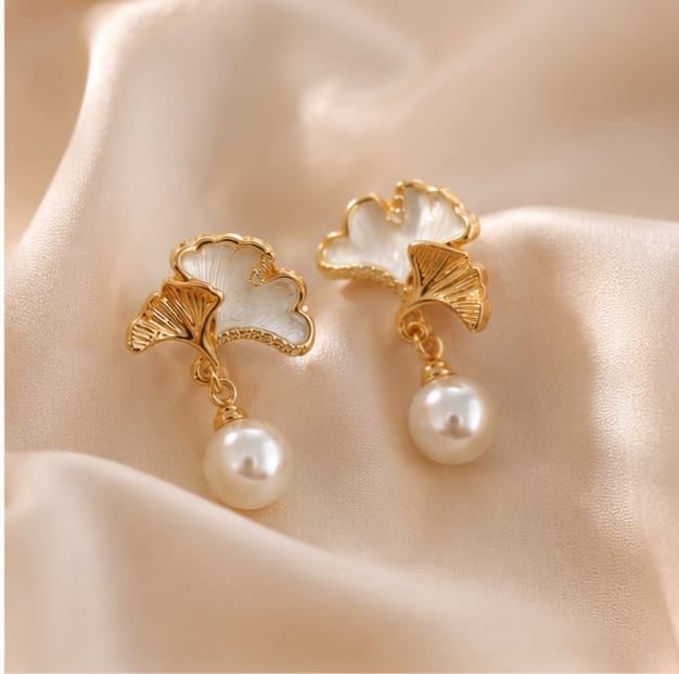 Luxury Gold Plated Ginkgo Leaf Pearl Drop Earrings for Women | Elegant Floral Stud Earrings | Korean Style Fashion Jewelry | Party & Gift Wear
