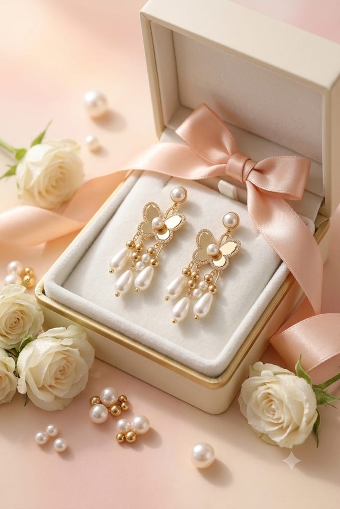 Luxury Gold Butterfly Pearl Drop Earrings for Women | Elegant Floral Dangle Earrings with Pearl Tassels | Korean Style Statement Jewelry for Party, Wedding & Gifting