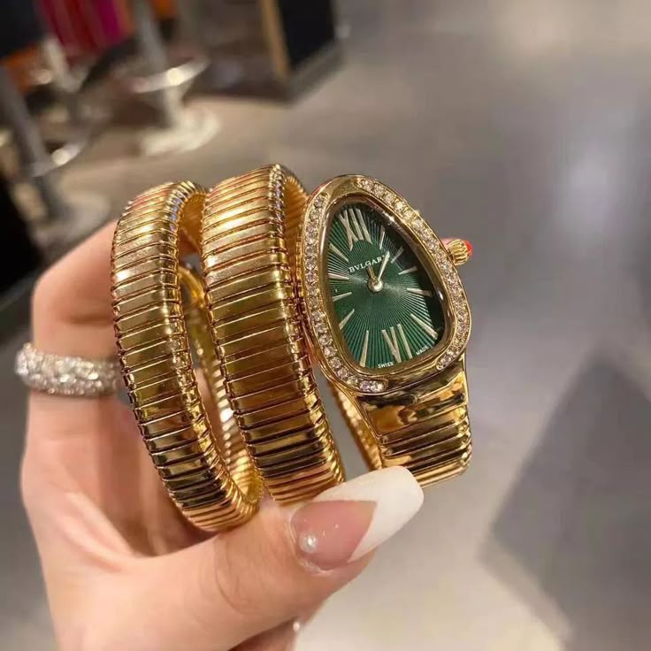 Women's Snake Wrap Bracelet Watch, Gold, Oval Dial with Diamond Bezel, Copper Strip Band, Spiral Crown