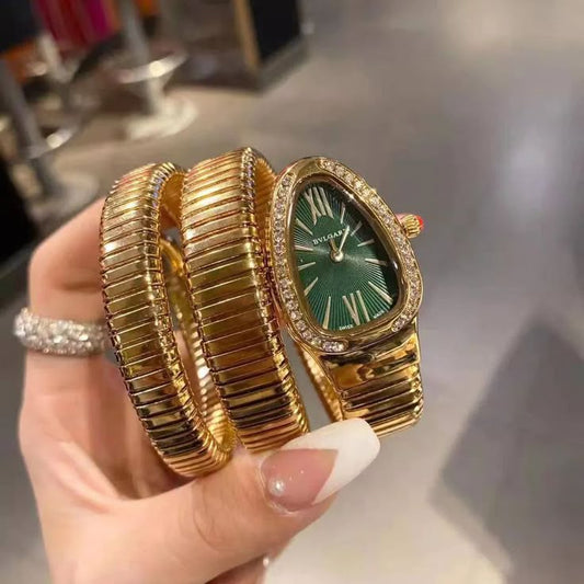 Women's Snake Wrap Bracelet Watch, Gold, Oval Dial with Diamond Bezel, Copper Strip Band, Spiral Crown